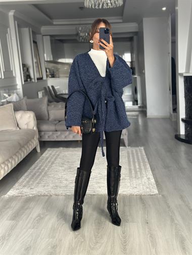 Lacivert Önü Bağlamalı Kırçıllı Kaşe Kadın Ceket