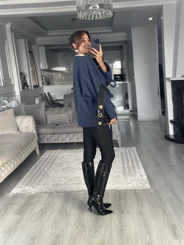 Lacivert Önü Bağlamalı Kırçıllı Kaşe Kadın Ceket