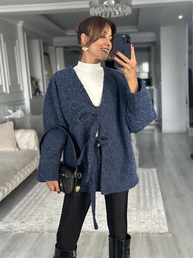 Lacivert Önü Bağlamalı Kırçıllı Kaşe Kadın Ceket