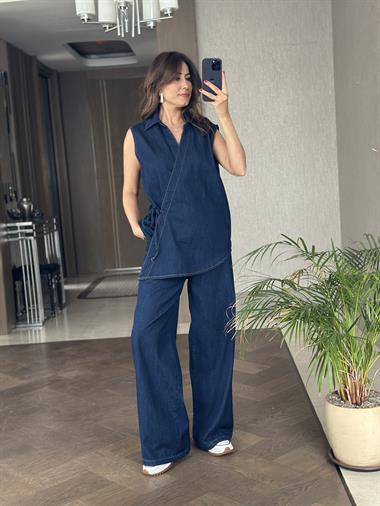 Lacivert Önü Bağlamalı Kruvaze Kadın Jean Bluz