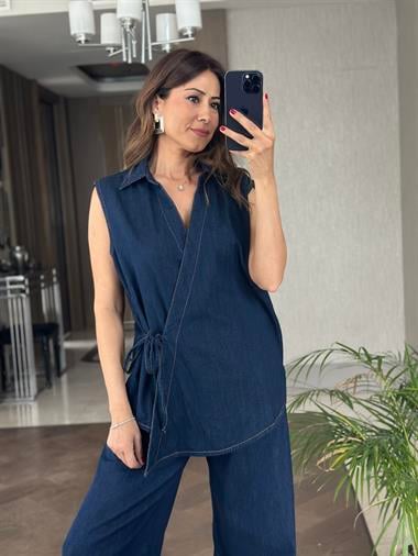 Lacivert Önü Bağlamalı Kruvaze Kadın Jean Bluz