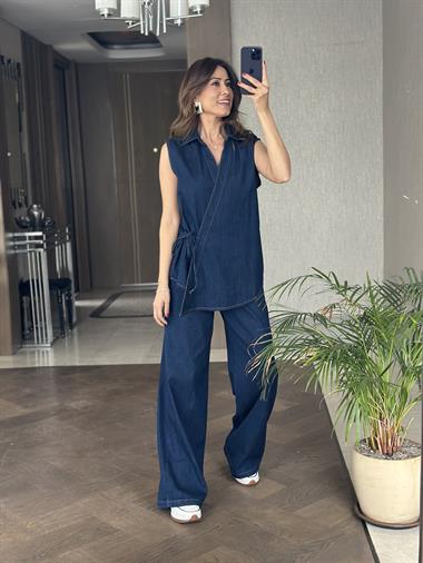 Lacivert Önü Bağlamalı Kruvaze Kadın Jean Bluz