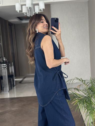Lacivert Önü Bağlamalı Kruvaze Kadın Jean Bluz