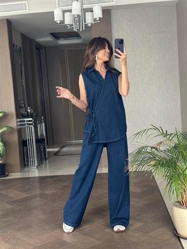 Lacivert Önü Bağlamalı Kruvaze Kadın Jean Bluz