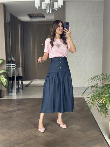Lacivert Önü Üç Düğmeli Kadın Midi Boy Denim Etek