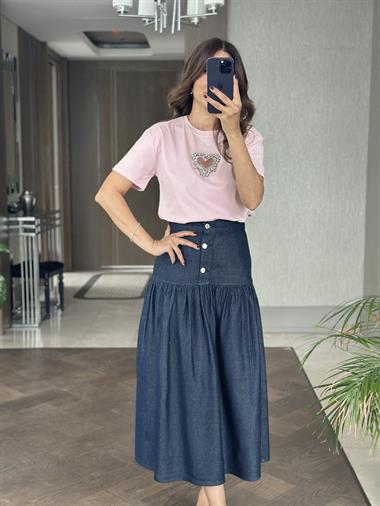 Lacivert Önü Üç Düğmeli Kadın Midi Boy Denim Etek