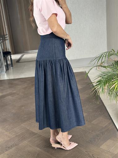 Lacivert Önü Üç Düğmeli Kadın Midi Boy Denim Etek