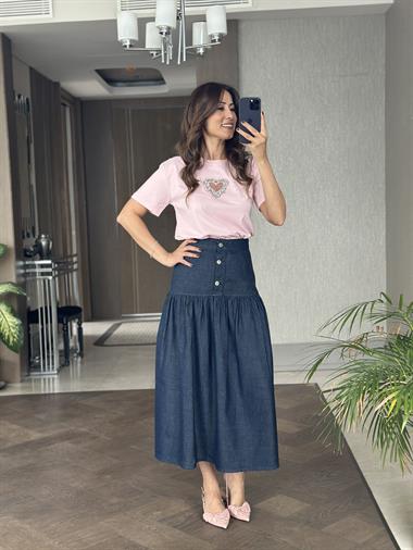 Lacivert Önü Üç Düğmeli Kadın Midi Boy Denim Etek