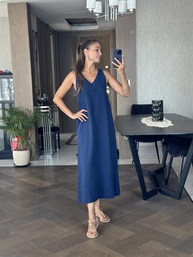 Lacivert Önü V Yaka Sıfır Kol Kadın Keten Elbise 
