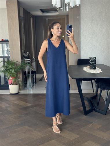 Lacivert Önü V Yaka Sıfır Kol Kadın Keten Elbise 