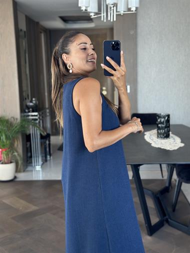 Lacivert Önü V Yaka Sıfır Kol Kadın Keten Elbise 