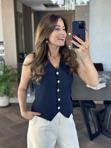 Lacivert Orjinal Marka Beş Gold Düğmeli Astarlı Kadın Yelek