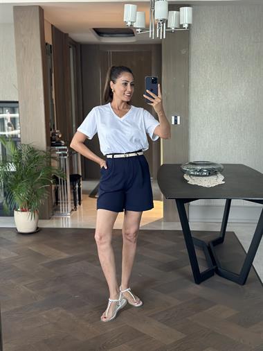 Lacivert Orjinal Marka Kemerli Cepli Atlas Kumaş Kadın Şort