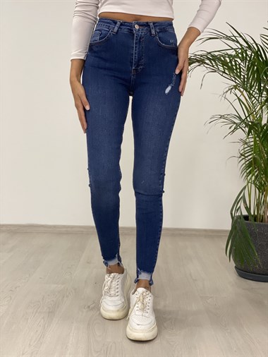 Lacivert Paça Detaylı Skinny Kadın Jean Pantolon