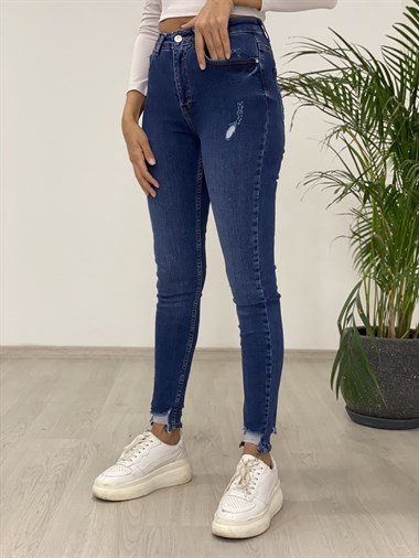 Lacivert Paça Detaylı Skinny Kadın Jean Pantolon