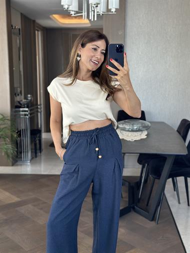 Lacivert Pensli Beli Bağcıklı Ve Lastikli Keten Kadın Bol Paça Pantolon