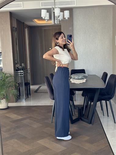 Lacivert Pensli Beli Bağcıklı Ve Lastikli Keten Kadın Bol Paça Pantolon