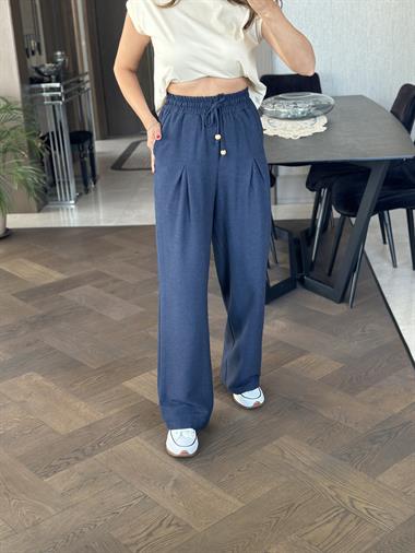 Lacivert Pensli Beli Bağcıklı Ve Lastikli Keten Kadın Bol Paça Pantolon