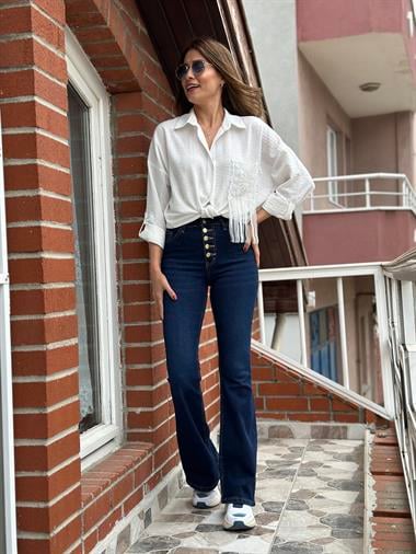 Lacivert  Poema Gold Beş Düğmeli İspanyol Paça Kadın Jean