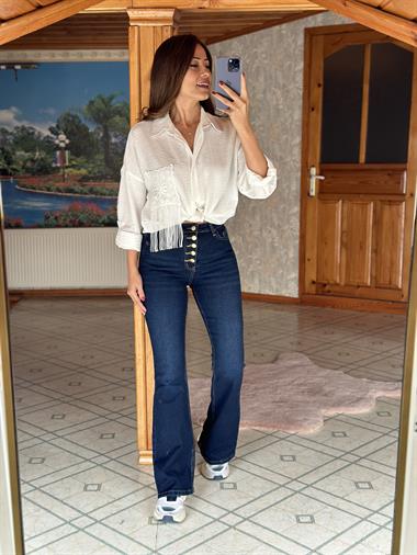 Lacivert  Poema Gold Beş Düğmeli İspanyol Paça Kadın Jean