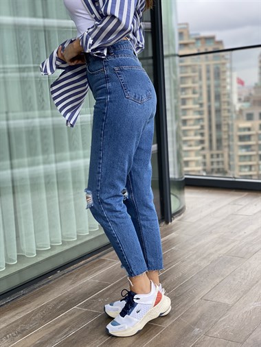 Lacivert Poema Yırtık Detay Mom Jean