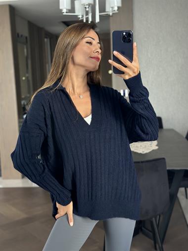 Lacivert Polo Yaka Fitilli Salaş Kadın Kazak