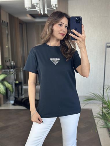 Lacivert Prd Üçgen Logolu Bisiklet Yaka Kadın T-Shirt