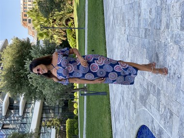 Lacivert Şal Desen Yırtmaçlı Viskon Kadın Elbise