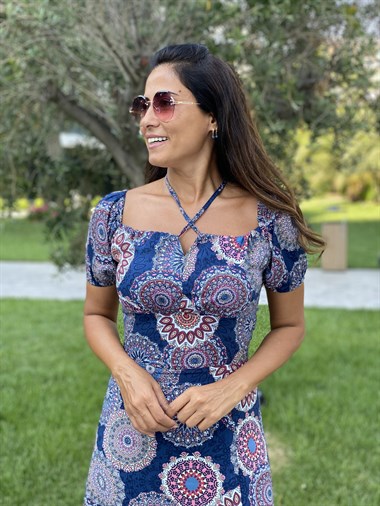 Lacivert Şal Desen Yırtmaçlı Viskon Kadın Elbise