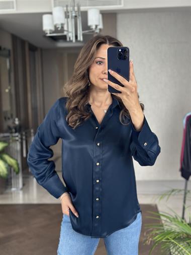 Lacivert Saten Gold Düğmeli Uzun Kol Kadın Gömlek