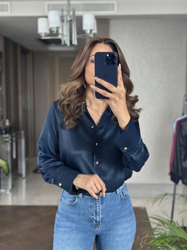 Lacivert Saten Gold Düğmeli Uzun Kol Kadın Gömlek