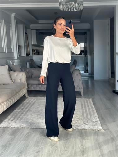 Lacivert Selanik Yumoş Dokulu Beli Lastikli Kadın Pantolon