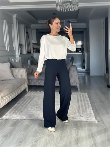 Lacivert Selanik Yumoş Dokulu Beli Lastikli Kadın Pantolon