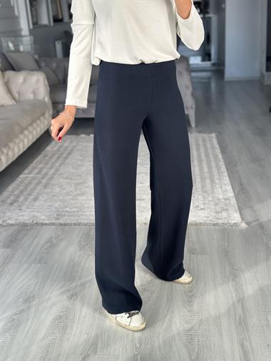 Lacivert Selanik Yumoş Dokulu Beli Lastikli Kadın Pantolon