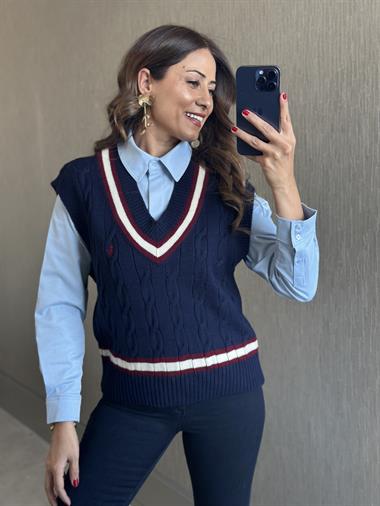 Lacivert Şerit Detay Saç Örgü Kadın Triko Süveter