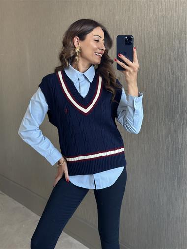 Lacivert Şerit Detay Saç Örgü Kadın Triko Süveter