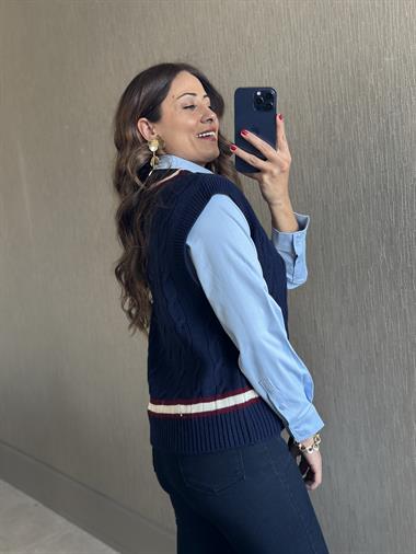 Lacivert Şerit Detay Saç Örgü Kadın Triko Süveter
