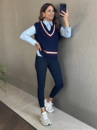 Lacivert Şerit Detay Saç Örgü Kadın Triko Süveter