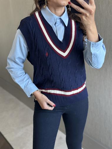 Lacivert Şerit Detay Saç Örgü Kadın Triko Süveter