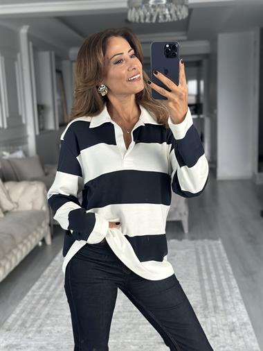Lacivert Şeritli Polo Yaka Uzun Kollu Kadın T-shirt