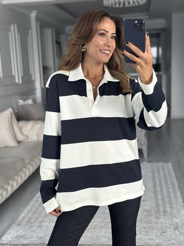 Lacivert Şeritli Polo Yaka Uzun Kollu Kadın T-shirt