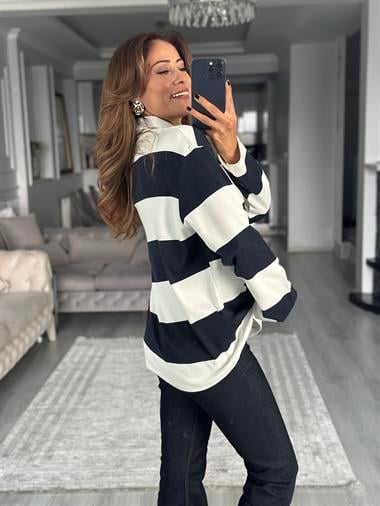 Lacivert Şeritli Polo Yaka Uzun Kollu Kadın T-shirt