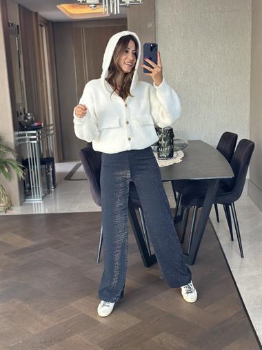 Lacivert Simli Beli Lastikli Bol Paça Kadın Pantolon