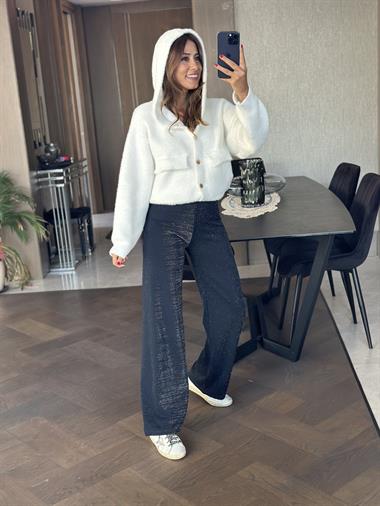 Lacivert Simli Beli Lastikli Bol Paça Kadın Pantolon