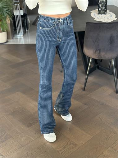 Lacivert Simli Çizgili Orjinal Marka İspanyol Paça Kadın Jean Pantolon