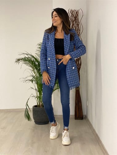 Lacivert Simli Eteği Püsküllü Tüvit Kadın Ceket