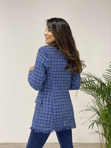 Lacivert Simli Eteği Püsküllü Tüvit Kadın Ceket