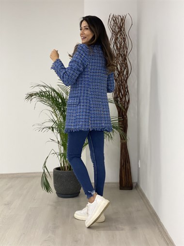 Lacivert Simli Eteği Püsküllü Tüvit Kadın Ceket