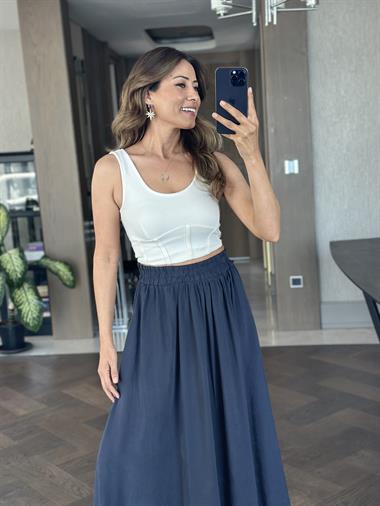 Lacivert Tnsl Kumaş Beli Lastikli Cepli Kadın Midi Boy Etek