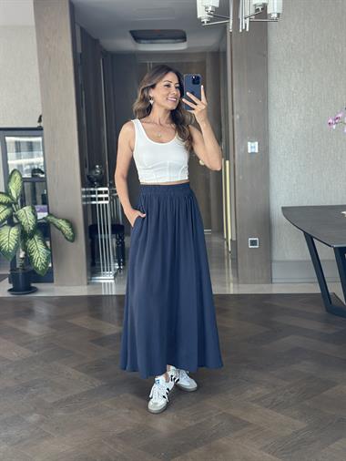 Lacivert Tnsl Kumaş Beli Lastikli Cepli Kadın Midi Boy Etek